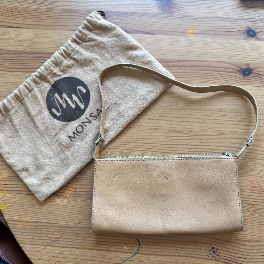 Monsac Tan Leather Shoulder Bag – Minimalist Classic with Dust Bag